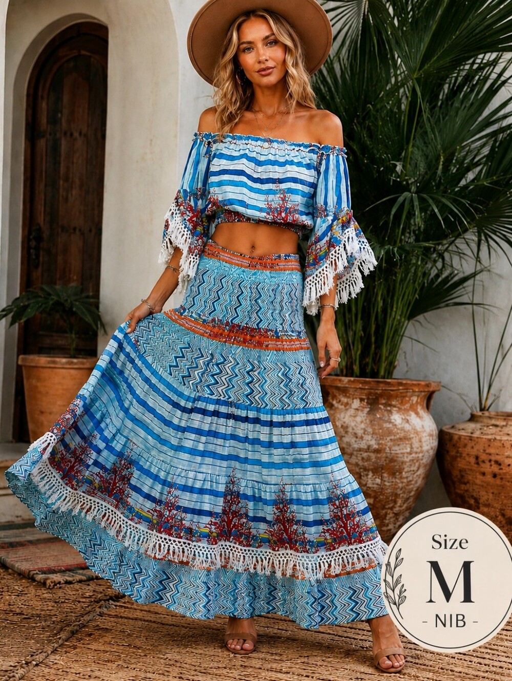 POL NWT 2-Piece Off-Shoulder Maxi Skirt Set | Size M | Beach Boho